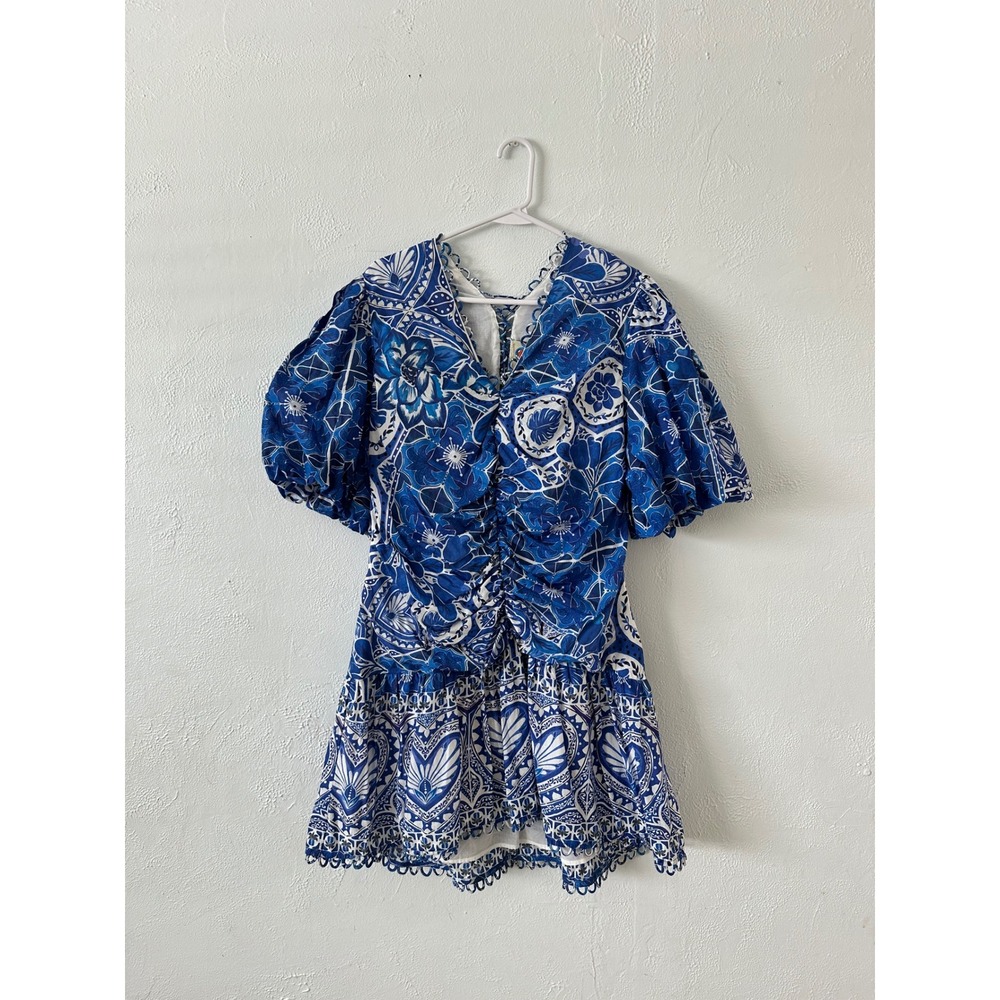 Farm Rio Blue Tiles Mini Dress XL Blue White Floral Ruched Puff Sleeve V-Neck - Picture 3 of 8